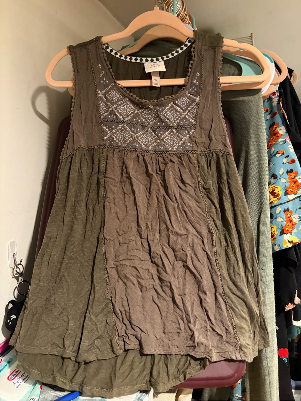 Knox Rose Olive Green Embroidered Sleeveless Dress